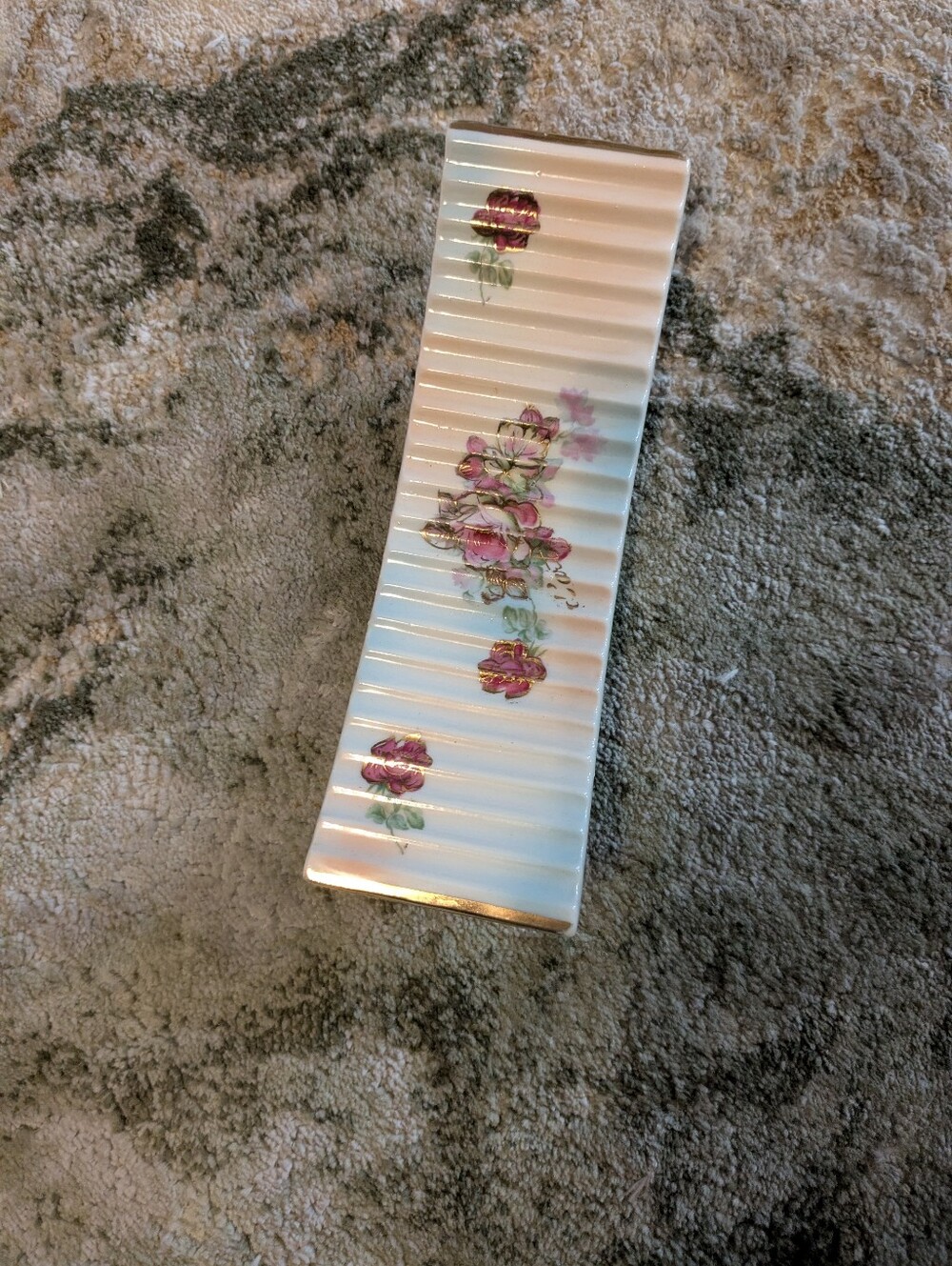Vintage Floral Ceramic  Vanity Tray - Pink Rose Design With Gilt Gold Edges